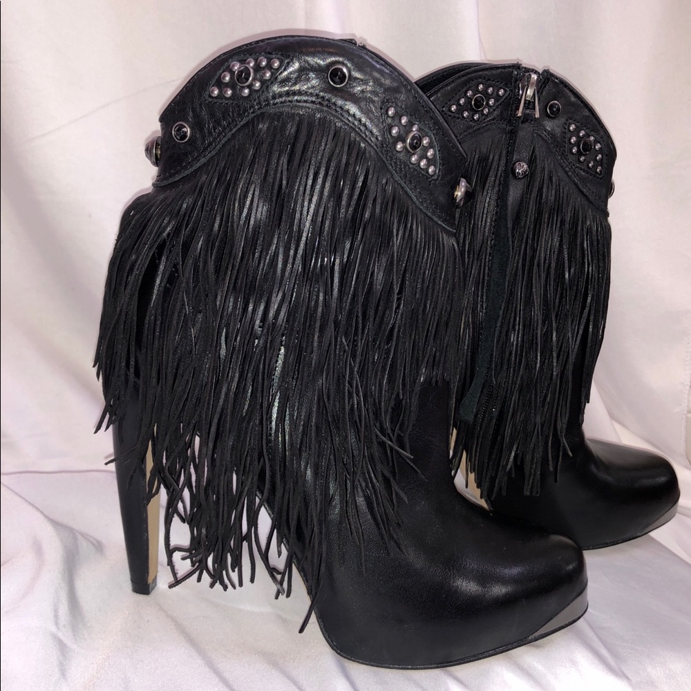 Sam Edelman Black Leather Fringe Booties
